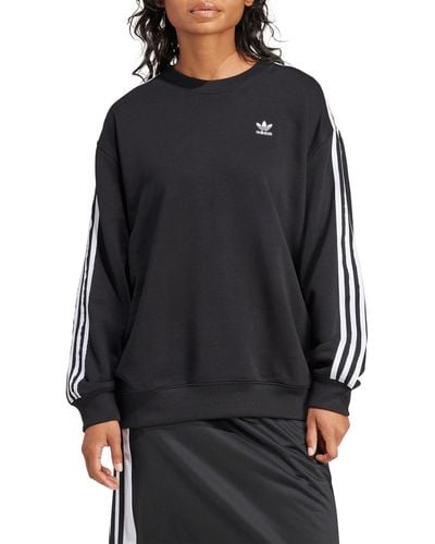 adidas Oversize 3-stripes Logo Embroidered Crewneck Sweatshirt - Black
