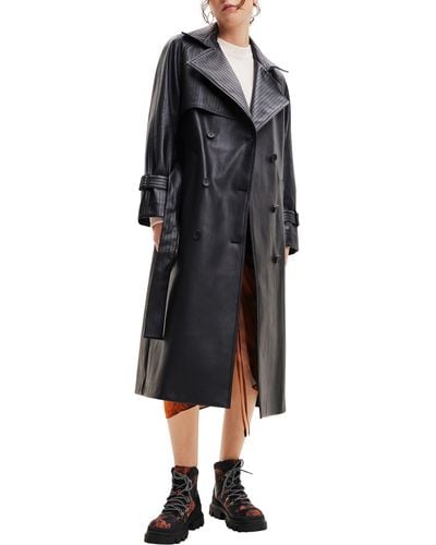 Desigual Belted Faux Leather Trench Coat - Black