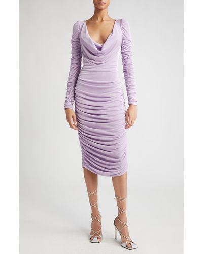 Aliétte Ruched Long Sleeve Cowl Neck Midi Dress - Purple