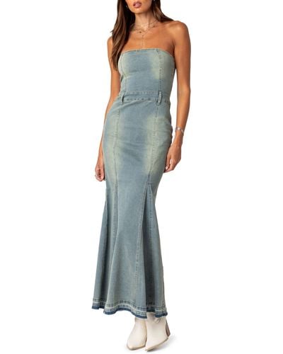 Edikted Astoria Strapless Release Hem Denim Maxi Dress - Blue