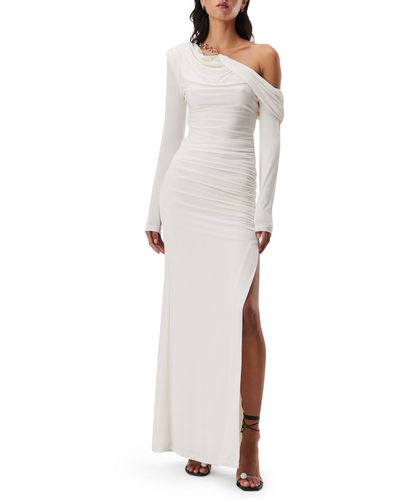 Misha Collection Darcy Ruched Long Sleeve One-shoulder Gown - White