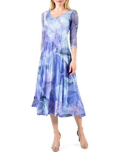 Komarov Abstract Print Charmeuse & Lace Cocktail Midi Dress - Blue