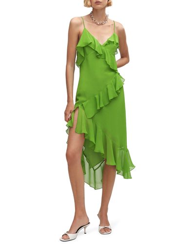 Mango Zigzag Ruffle Asymmetric Midi Dress - Green