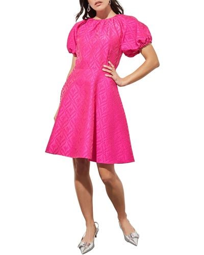 Ming Wang Bouffont Puff Sleeve Jacquard Dress - Pink