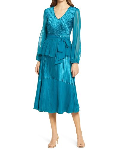 Komarov Long Sleeve Charmeuse & Chiffon A-line Dress - Blue