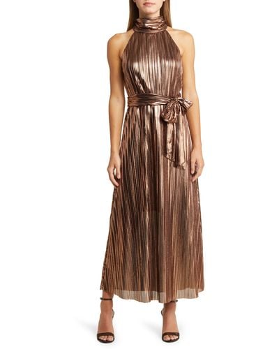 Eliza J Metallic Pleated Cocktail Dress - Brown