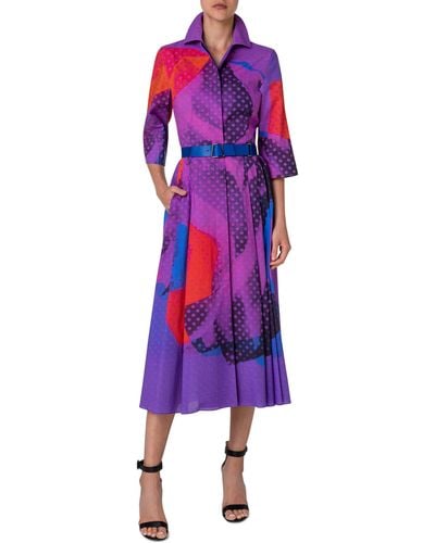 Akris Print Belted Wool & Silk Midi Shirtdress - Purple