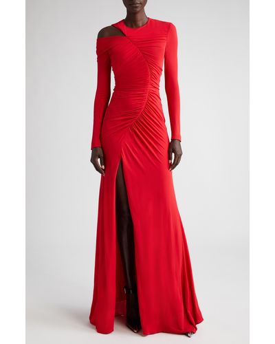 Alexander McQueen Ruched Asymmetric Long Sleeve Jersey Gown - Red