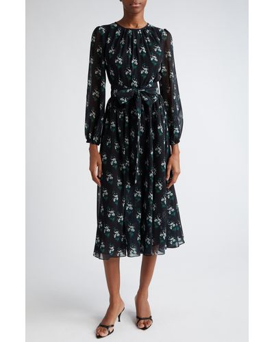 Carolina Herrera Floral Print Long Sleeve Chiffon Midi Dress - Black