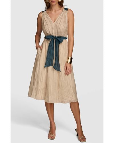 Donna Karan Tie Waist Plissé Fit & Flare Dress - Natural