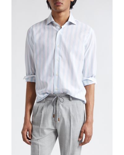 Eleventy Stripe Cotton & Linen Button-up Shirt - White