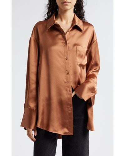 Alice + Olivia Alice + Olivia Finely Oversize Satin Button-up Shirt - Brown