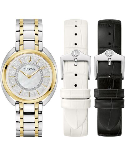 Bulova Duality Diamond Bracelet & Two Leather Straps Watch Set - White