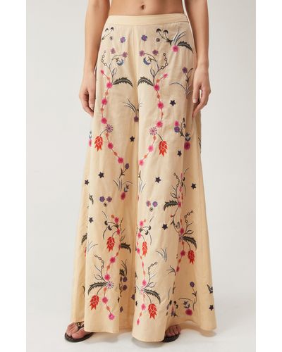 Nasty Gal Floral Embroidered Wide Leg Cotton Pants - Natural