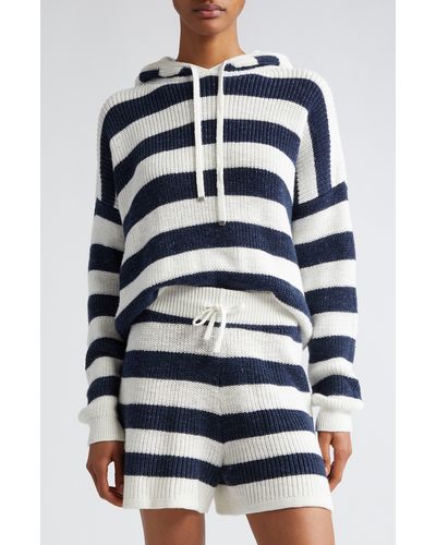 Eleventy Stripe Cotton & Linen Blend Sweater Hoodie - Blue