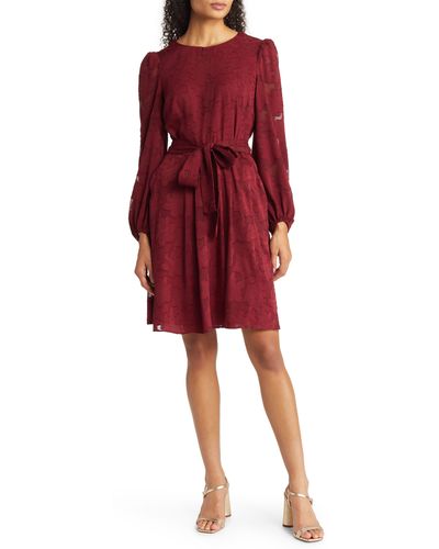 Eliza J Floral Burnout Long Sleeve Fit & Flare Dress - Red