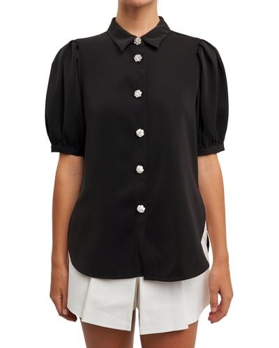 English Factory Puff Sleeve Embellished Button-up Blouse - Black