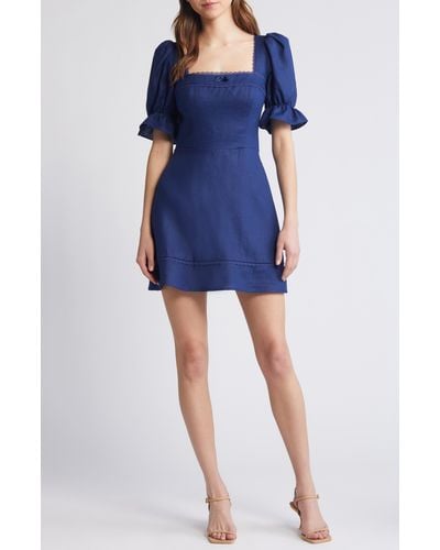 Reformation Evianna Puff Sleeve Linen Dress - Blue