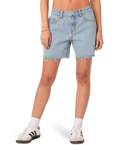 Edikted Tomboy Low Rise Cutoff Denim Shorts - Blue