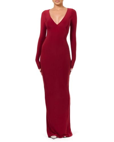 Naked Wardrobe Hourglass V-neck Long Sleeve Column Dress - Red