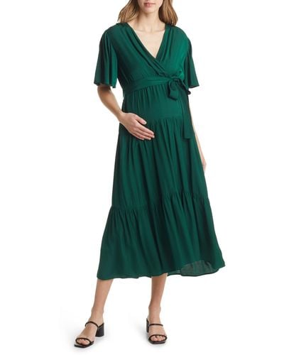 ANGEL MATERNITY Crossover Faux Wrap Maternity Maxi Dress - Green
