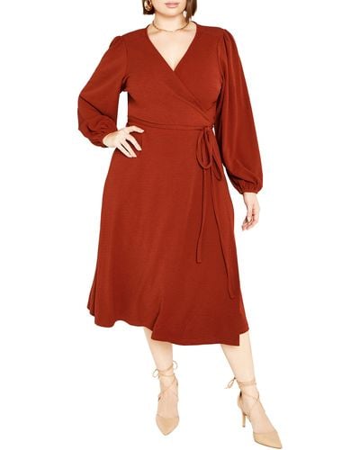 City Chic Hayden Long Sleeve Faux Wrap Midi Dress - Red