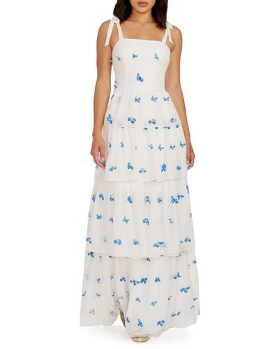 Dress the Population Monica Butterfly Appliqué Tiered Silk Gown - White