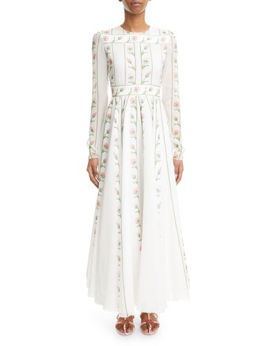 Giambattista Valli Flower Branch Print Long Sleeve Silk Georgette Dress - White