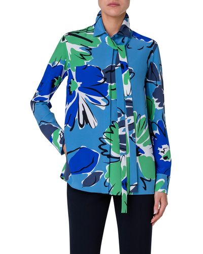 Akris Abraham Floral Print Silk Crepe Button-up Shirt - Blue