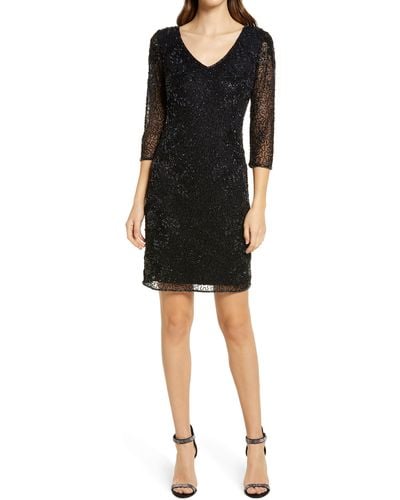 Pisarro Nights Beaded V-neck Cocktail Dress - Black