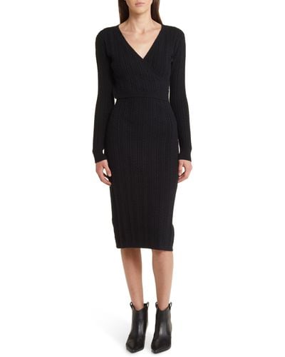Charles Henry Cable Stitch Long Sleeve Sweater Dress - Black