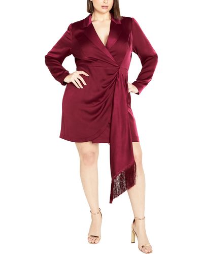City Chic Elora Long Sleeve Satin Faux Wrap Blazer Dress - Red