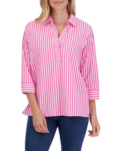 Foxcroft Sophia Stripe Three-quarter Sleeve Stretch Tunic - Pink