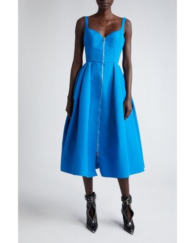 Alexander McQueen Exposed Zip Sleeveless Faille Corset Dress - Blue