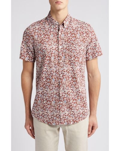 Nordstrom Trim Fit Floral Short Sleeve Stretch Cotton & Linen Button-down Shirt - Red