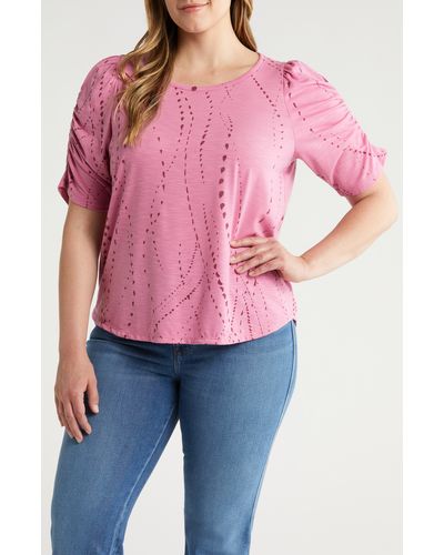 Wit & Wisdom Print Ruched Sleeve Top - Pink