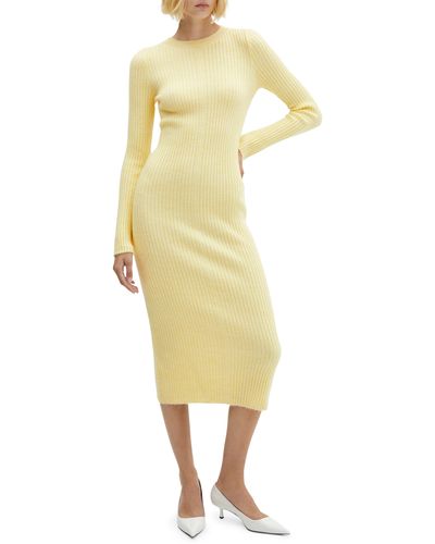 Mango Rib Long Sleeve Knit Midi Dress - Yellow