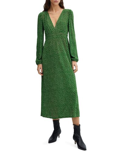 Mango Polka Dot Long Sleeve Midi Dress - Green