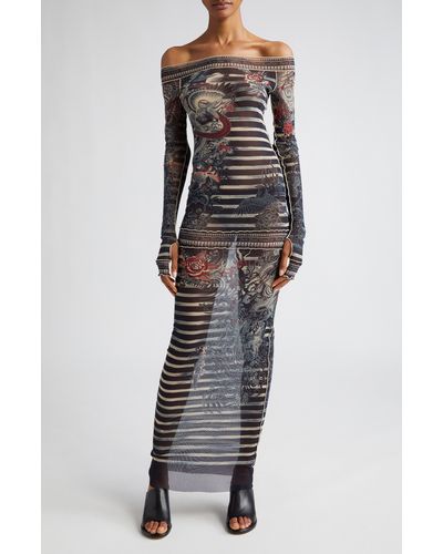 Jean Paul Gaultier Tattoo Stripe Off The Shoulder Long Sleeve Semisheer Mesh Dress - Gray