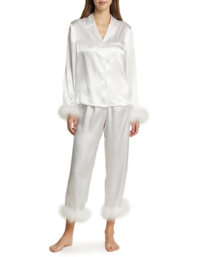 In Bloom Feather Trim Satin Pajamas - White