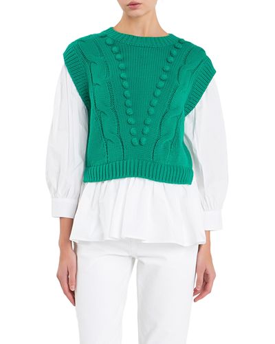 English Factory Mixed Media Cable Stitch Sweater - Green