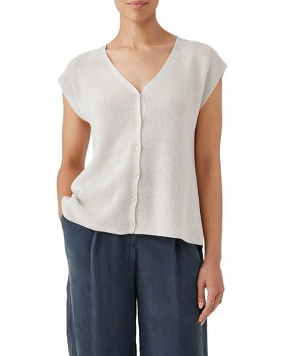 Eileen Fisher Organic Cotton Cap Sleeve Button-up Sweater - White