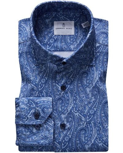 Emanuel Berg 4flex Slim Fit Paisley Knit Button-up Shirt - Blue
