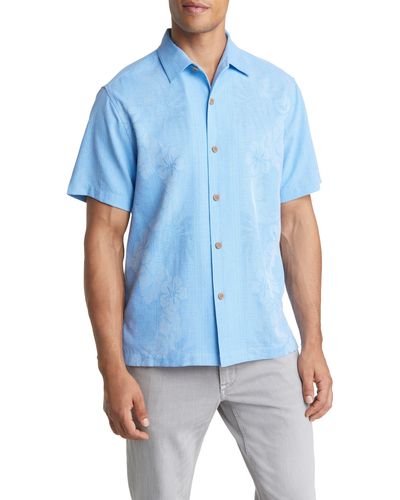 Tommy Bahama Bali Border Floral Jacquard Short Sleeve Silk Button-up Shirt - Blue