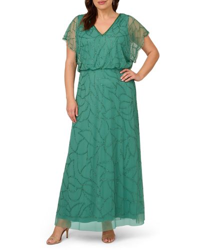Adrianna Papell Beaded Mesh Blouson Gown - Green