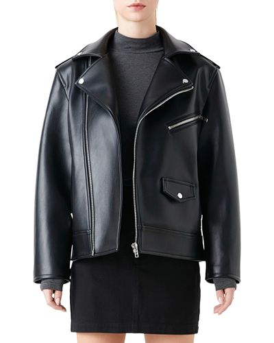 Grey Lab Padded Shoulder Faux Leather Biker Jacket - Black