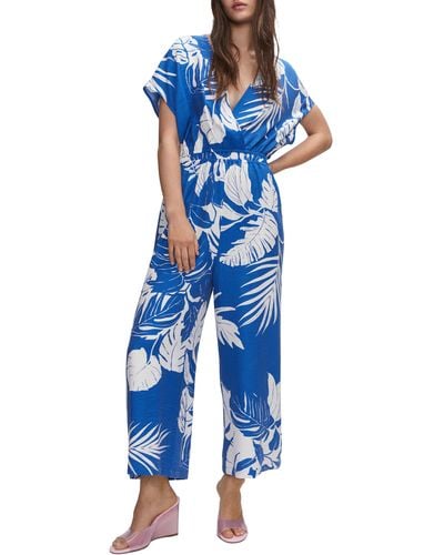 Mango Tropical Palm Print Jumpsuit - Blue