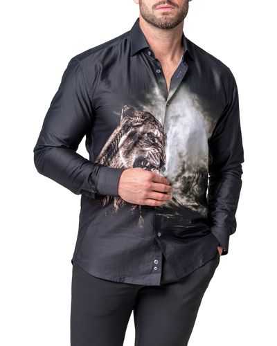 Maceoo Fibonacci Lioness Roar Cotton Button-up Shirt - Black