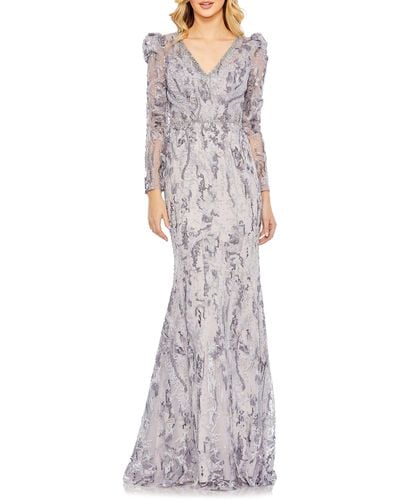 Mac Duggal Embellished Long Sleeve Mesh Mermaid Gown - Gray