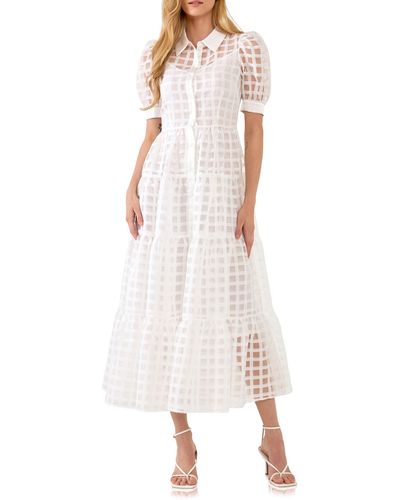 English Factory Grid Pattern Tiered Midi Shirtdress - White